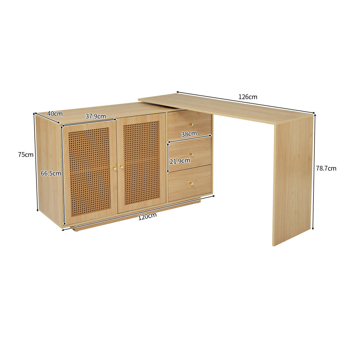 SCHREIBTISCH in Naturfarben L-förmig Eck-Computertisch mit Rattantüren Frisiertisch Büro Homeoffice B126/T40/H75cm - Naturfarben, Holzwerkstoff (40/126/75cm) - STILVORA