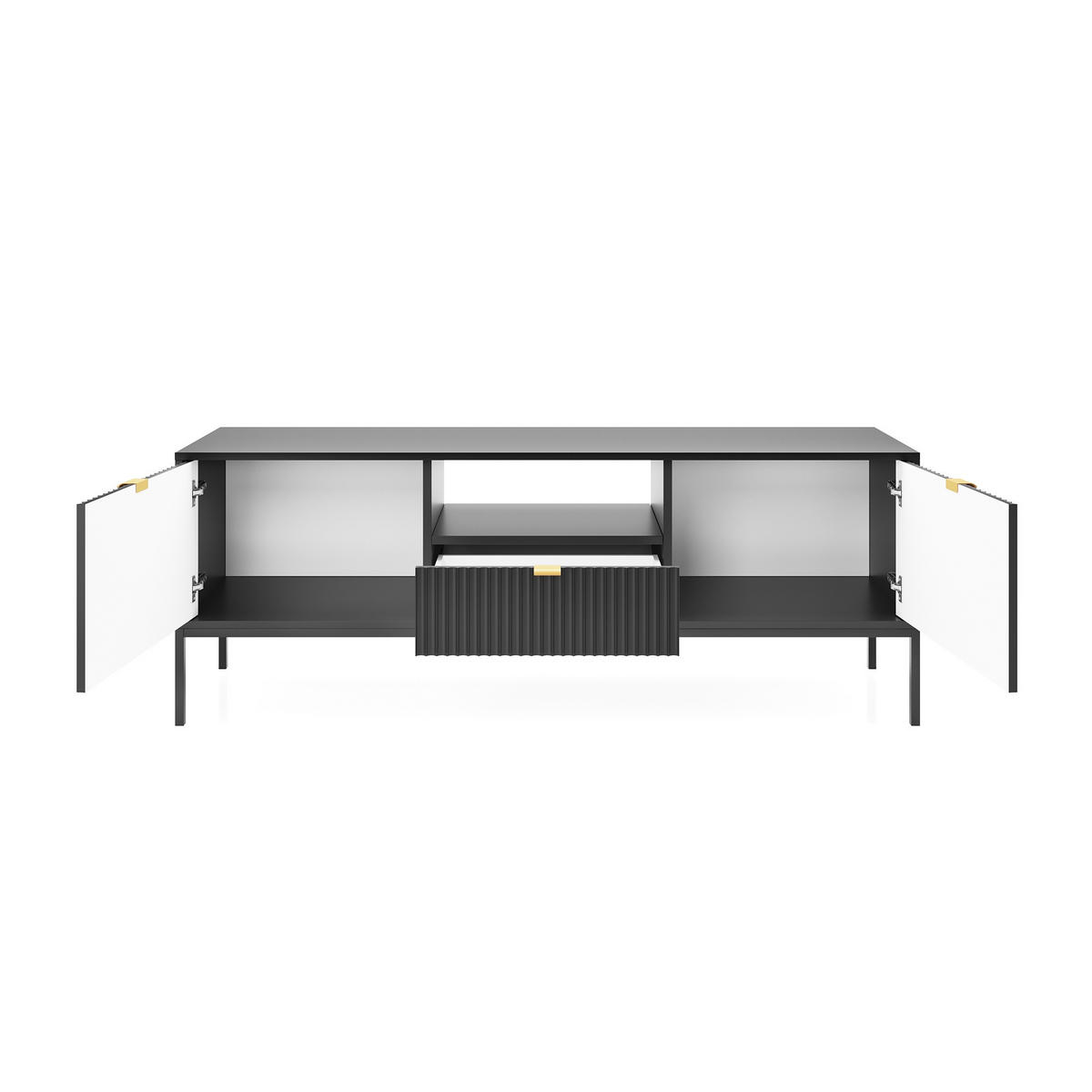 TV-SCHRANK Nova Schwarz, Schwarze Beine, zweitüriger TV-Tisch - Schwarz, Holzwerkstoff/Metall (154/56/39cm) - Bettso