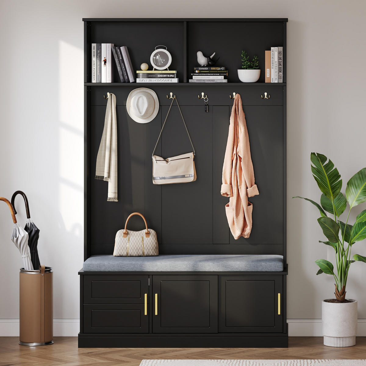 STANDGARDEROBE 120/40/191 cm in Schwarz mit 6 Haken, Sitzbank und Schuhablage - Schwarz, Holzwerkstoff (40/191/120cm) - BEAOK