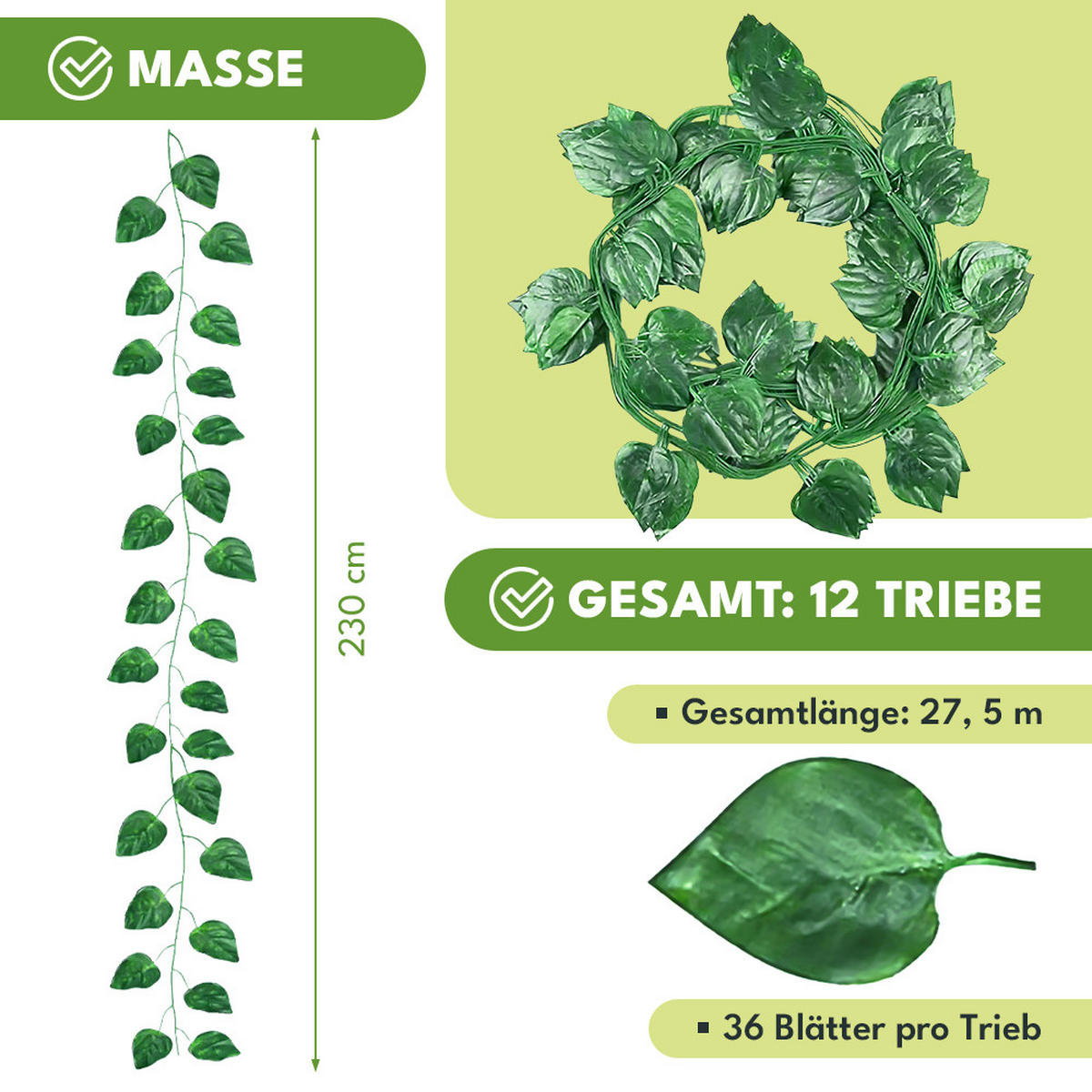 KUNSTPFLANZE Efeu Girlande 27,5m - Grün, Kunststoff (230cm) - KRUMAD
