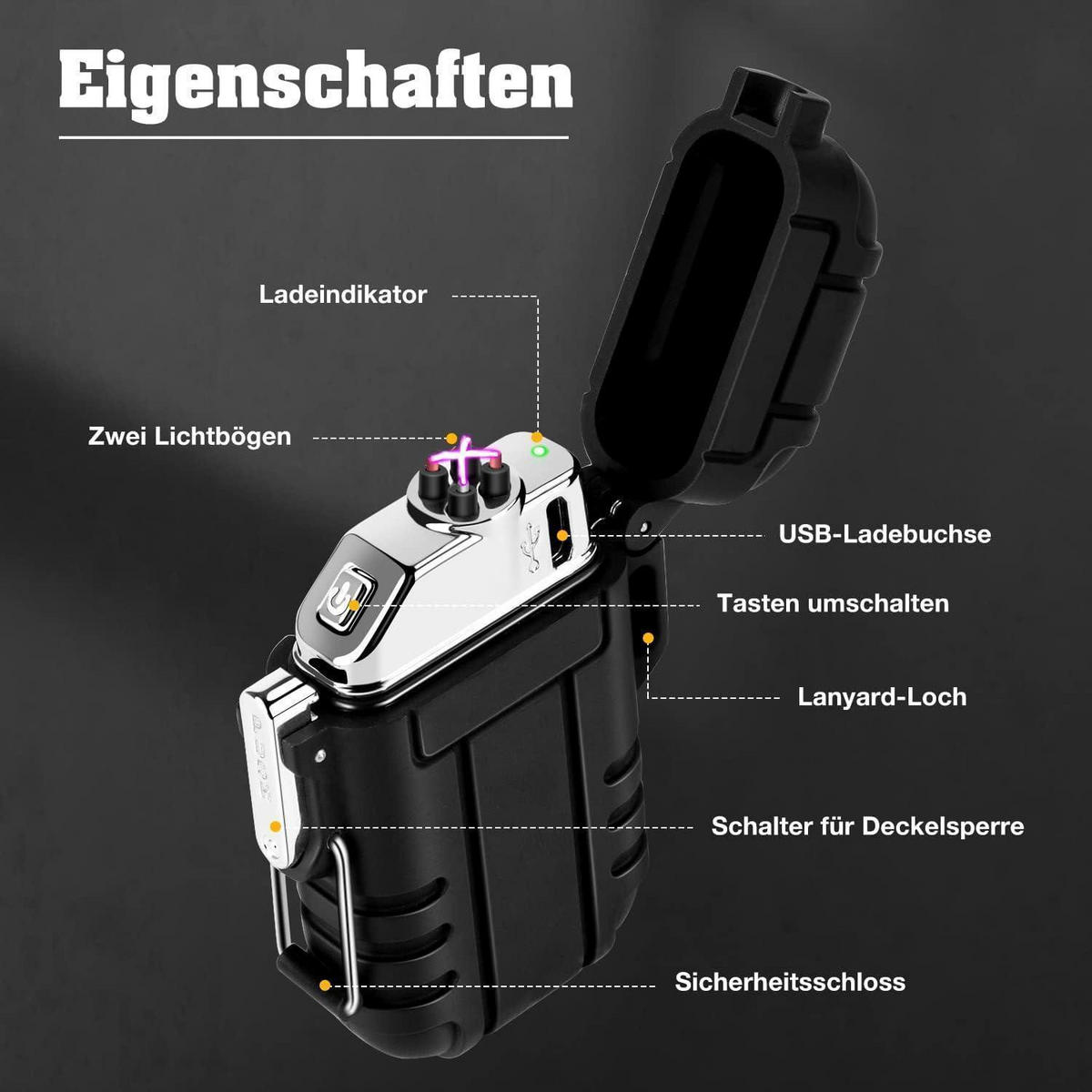 FEUERZEUG Elektrisch Wasserdicht Winddicht USB Wiederaufladbar Plasma mit Notfall-Pfeife Schwarz - Schwarz, Metall (4.7/1.8/7cm)