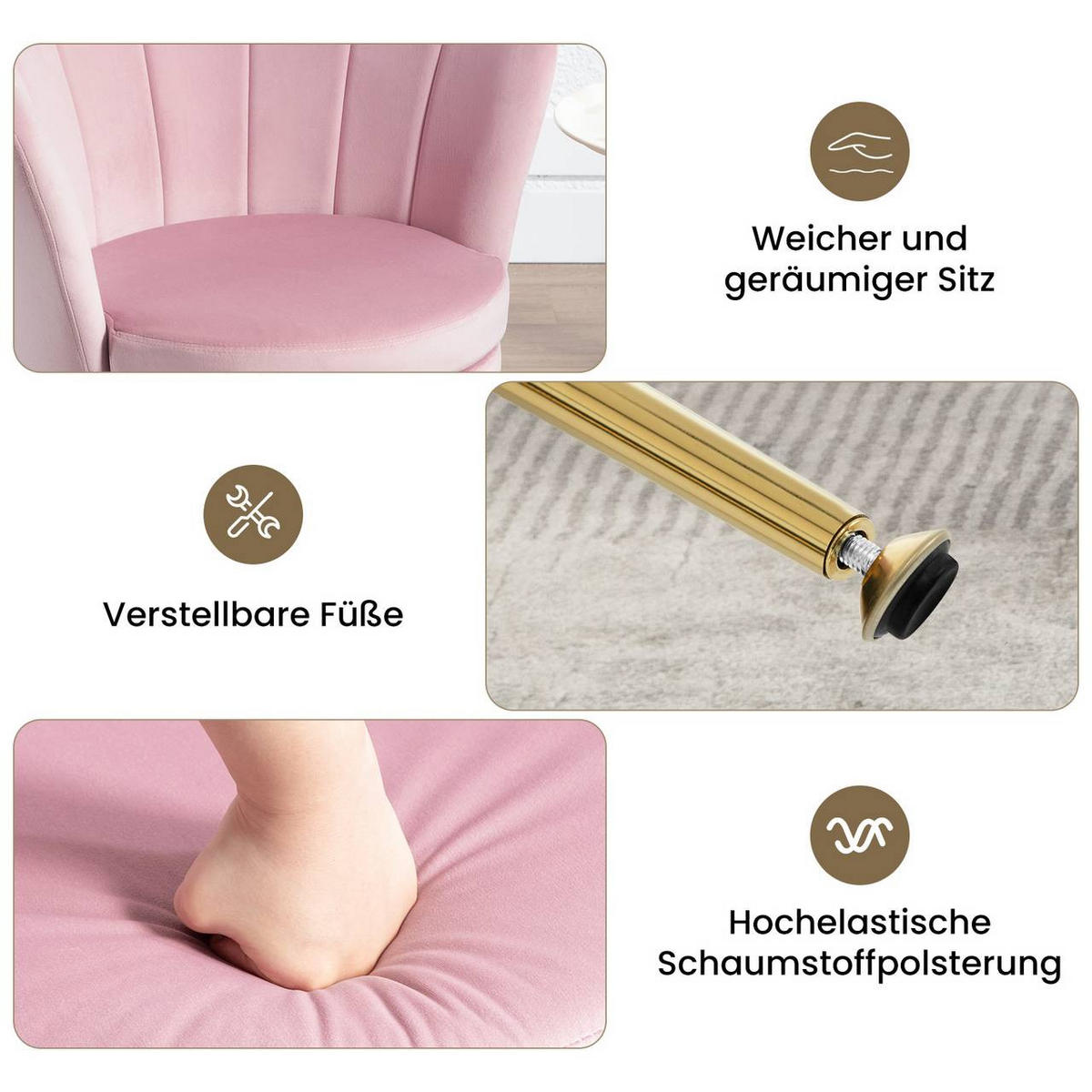 RELAXSESSEL Blumenform, Samtbezug, Rosa+Gold - Goldfarben/Rosa, Textil/Metall (68/75/62cm) - Woltu