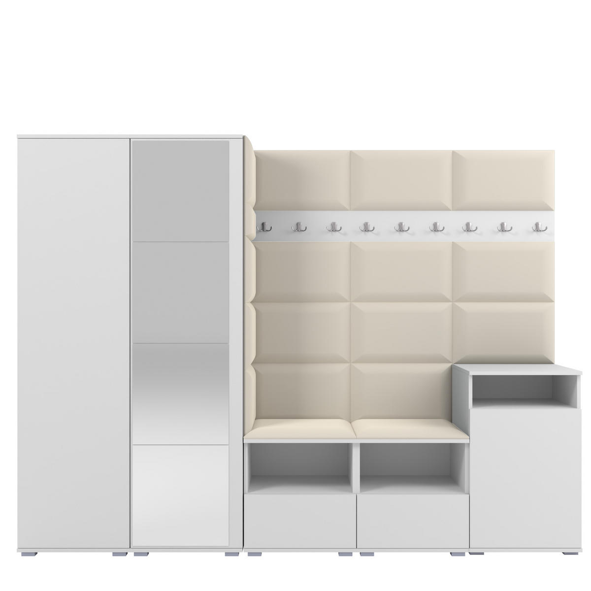 GARDEROBE NELA VIII 250 cm (Modulare Flurmöbel Weiß mit Spiegel & Sitzpolster Creme 01 Set XL) - Silberfarben/Creme, Holz/Holzwerkstoff (250/187/40cm) - Ravio