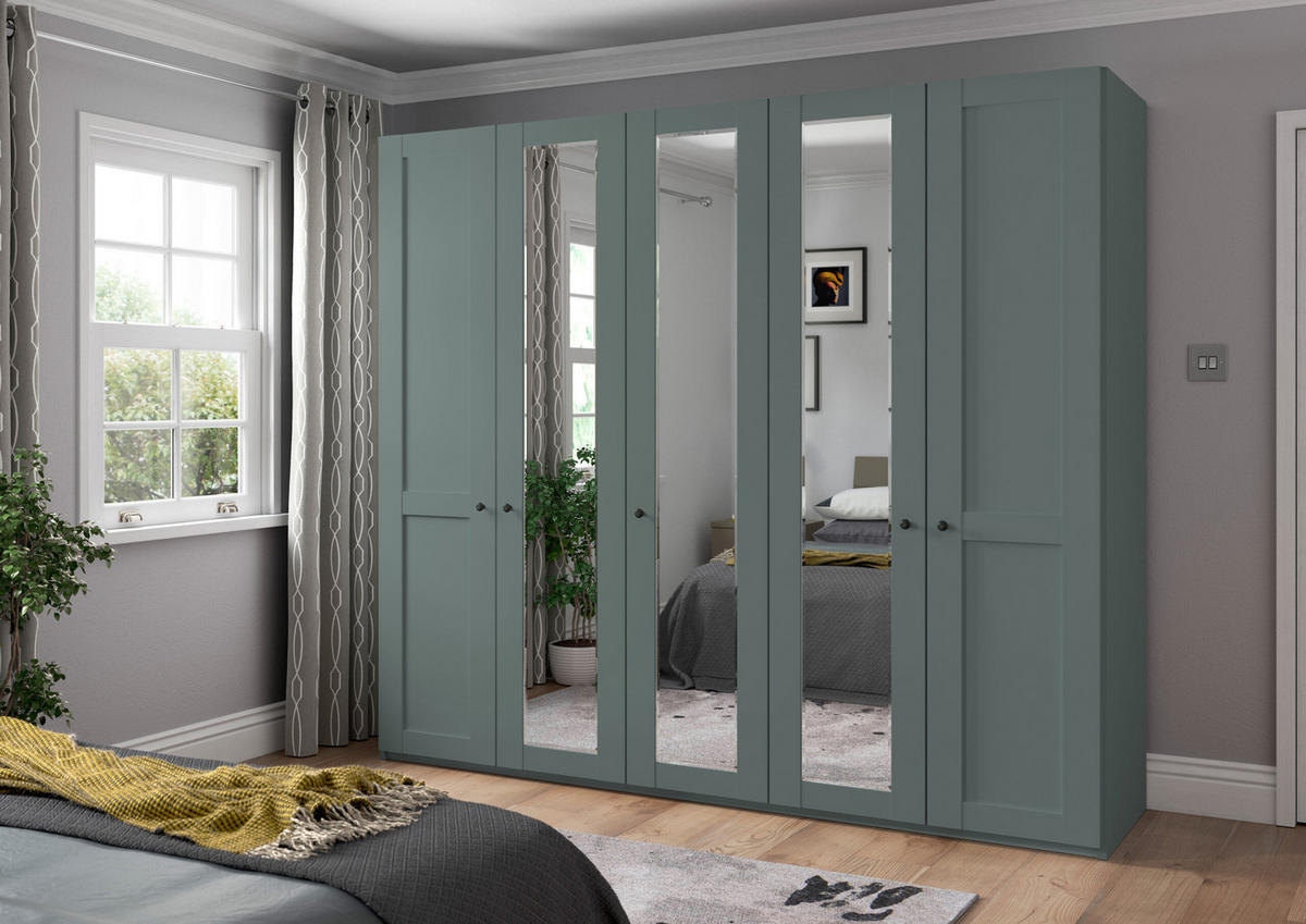 SCHLAFZIMMER Greenholm in Salbeigrün 4 teilig mit Kleiderschrank 250cm Breite mit Spiegel, 180er Doppelbett und zwei Nachtschränken - Grün, Holzwerkstoff (80/200/120cm)