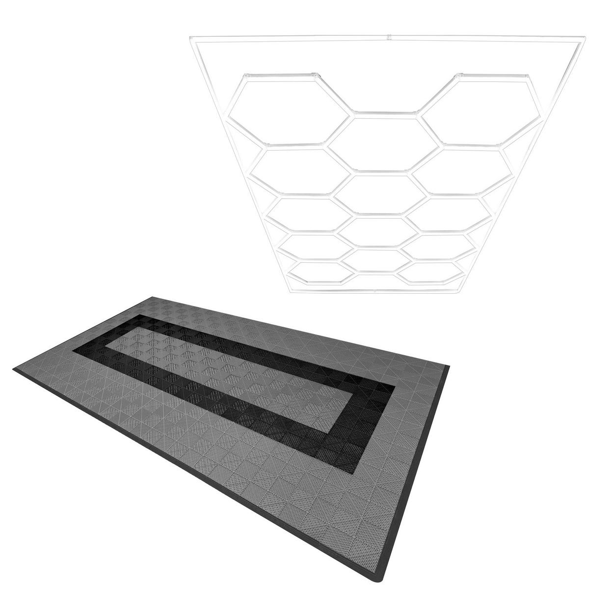 GARAGENBODENFLIESEN Belüftete und sechseckige LED-Leuchten 90 Graue x 30 Schwarze - mit Kanten - Grau, Kunststoff (40/1.8/40cm)