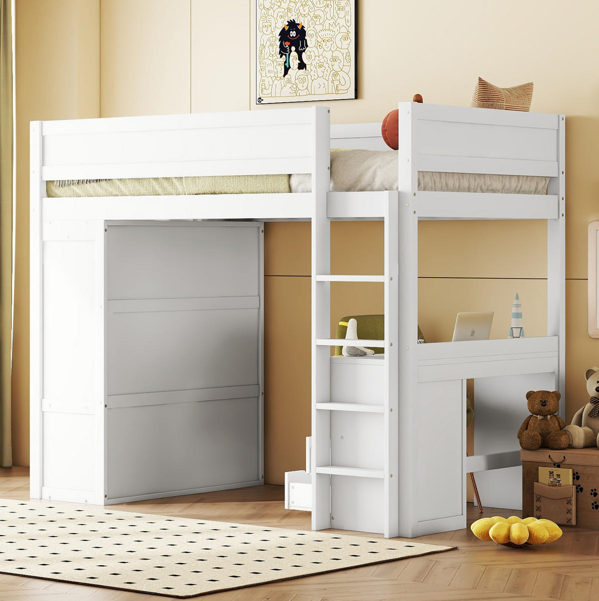 HOCHBETT 90/200 cm in Weiß mit Schreibtisch, Kleiderschrank und Schubladen - Weiß, Holz (90/200cm) - Flora Grace