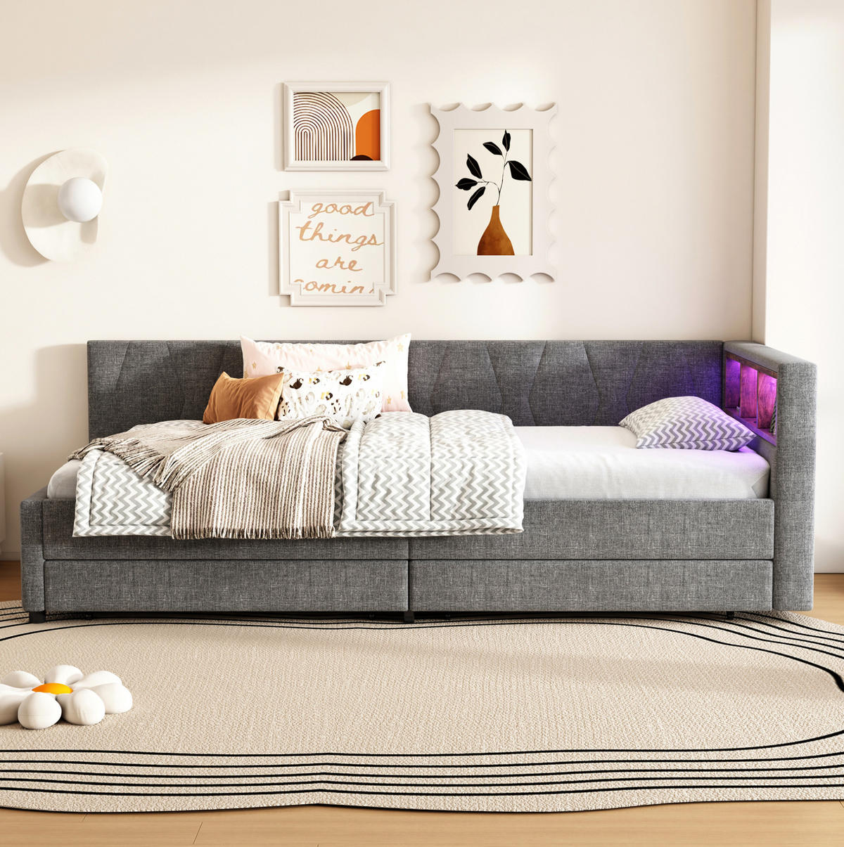 POLSTERBETT aus Leinen 90x200 cm in Grau mit LED, USB-C & 2 Schubladen - Grau, Textil (90/200cm) - Modfu