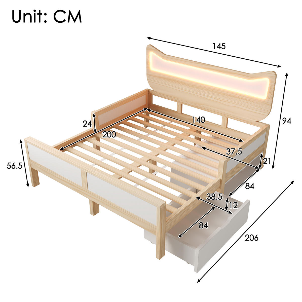 KINDERBETT 140/200 cm DE-00722, in Weiß & Eiche, LED Katzenohren und Schublade - Eichefarben, Holz (140/200cm) - ComfortXL