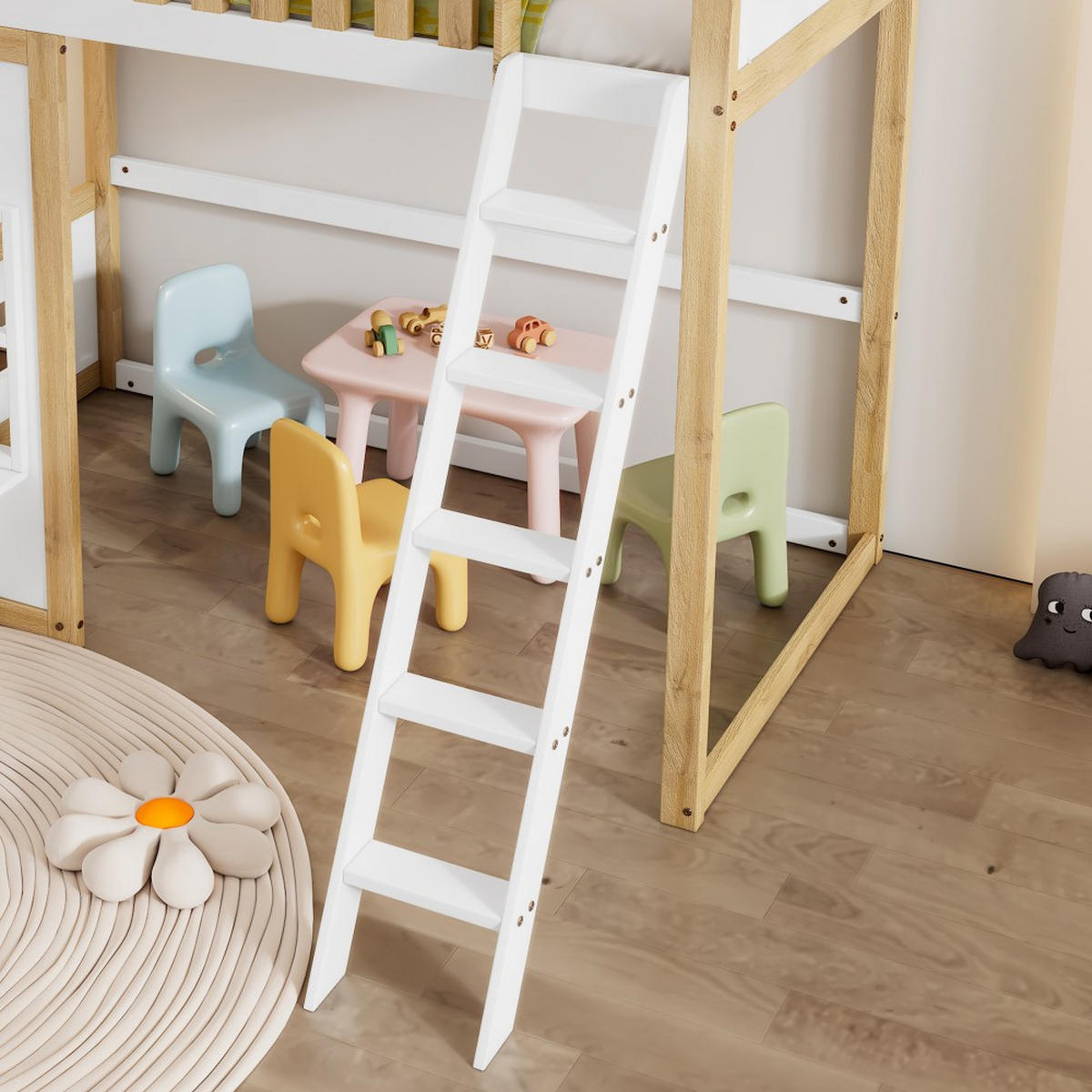HAUSBETT 90x200cm mit Treppe in Weiß+Natur - Weiß, Holz (90/200cm) - KOMHTOM