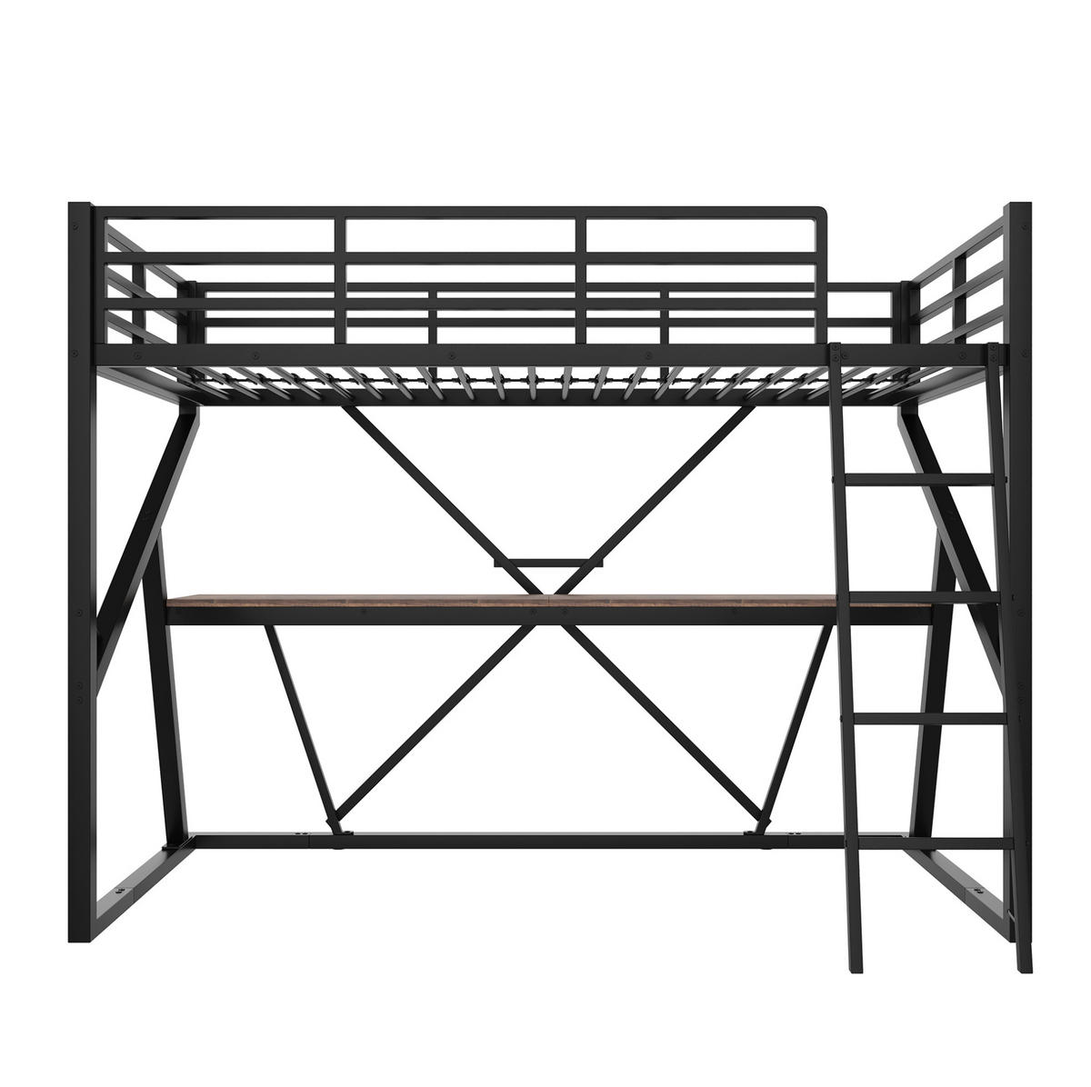 HOCHBETT aus Metall 90x200 cm Schwarz mit LED-Beleuchtung, Schreibtisch, Geländer und Leiter - Schwarz, Metall (90/200cm) - Modfu