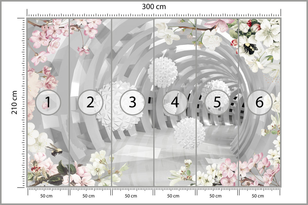 FOTOTAPETE für Wohnzimmer Tunnel mit BLUMEN KUGELN Floral Perspektive 300x210 - Rosa/Weiß, Papier (300/210cm) - Muralo