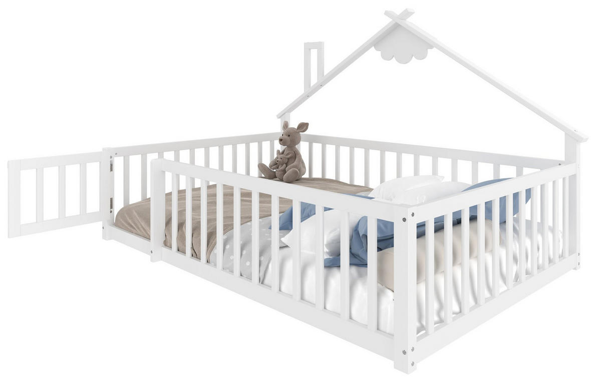 KINDERBETT 140/190 cm im Hausdesign mit Schutzgeländer und Verschluss, MDF, Weiß - Weiß, Holzwerkstoff (140/190cm) - Redom