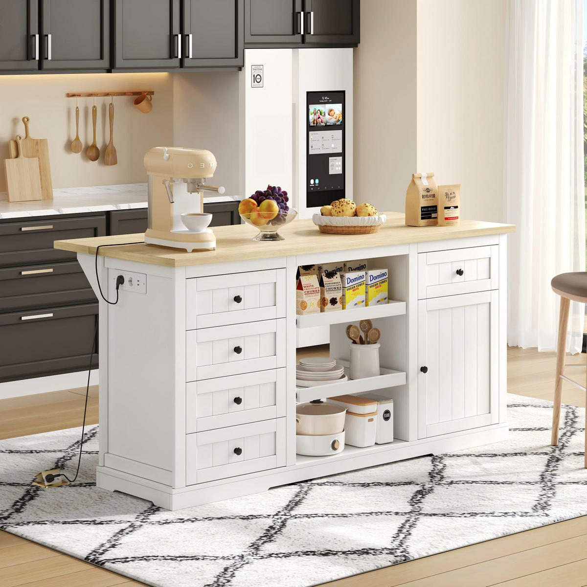 SIDEBOARD mit 5 Schubladen, 2 Ausziehböden und klappbarer Erweiterungsplatte, integrierte Steckdosen, 150/65/75 cm, Weiß und Natur - Weiß, Holzwerkstoff (150/75/65cm) - Redom