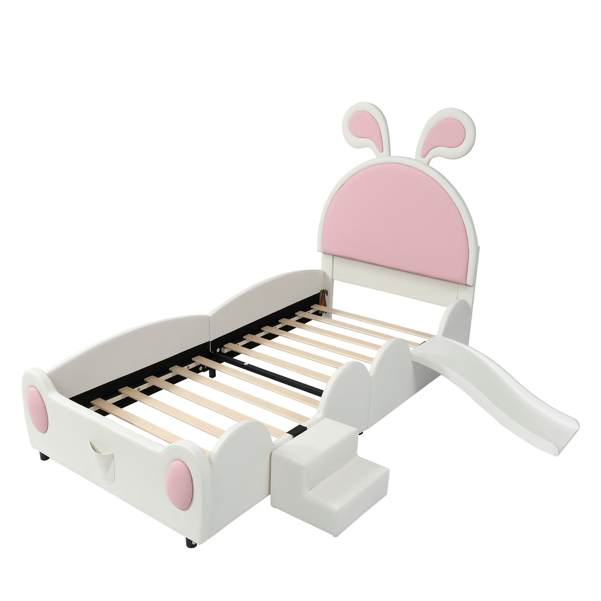 KINDERBETT 90/200 cm DE-02223, in Weiß/Rosa, mit Rutsche, Treppe und Hasenohren - Pink, Holz/Metall (90/200cm) - ComfortXL