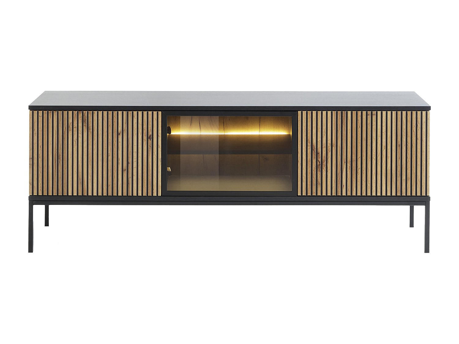 TV-BOARD - 153.4 cm x 39 cm - Holz, Platte, Glas - Schwarz, Naturfarben Hell - OVILA - Schwarz/Naturfarben, Glas/Holz (153.4/56.2/39cm) - Vente-Unique