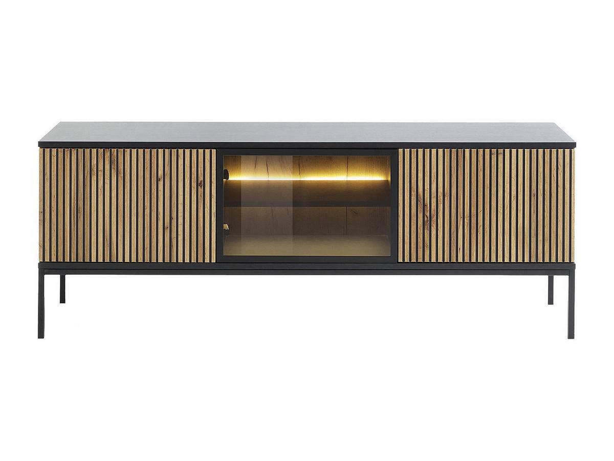 TV-MÖBEL - 3 Türen - mit LED-Beleuchtung - MDF & Rauchglas - Schwarz & Holzfarben - OVILA - Schwarz, Holz (153.4/56.2/39cm) - Vente-Unique