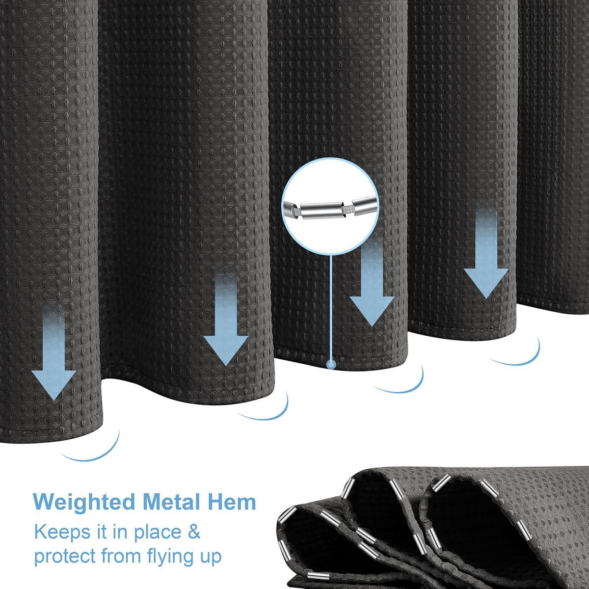 DUSCHVORHANG Schwarz Waffelstruktur Polyester wasserdicht schimmelresistent mit Ringen - Schwarz, Textil (200/180cm) - MCBOSON