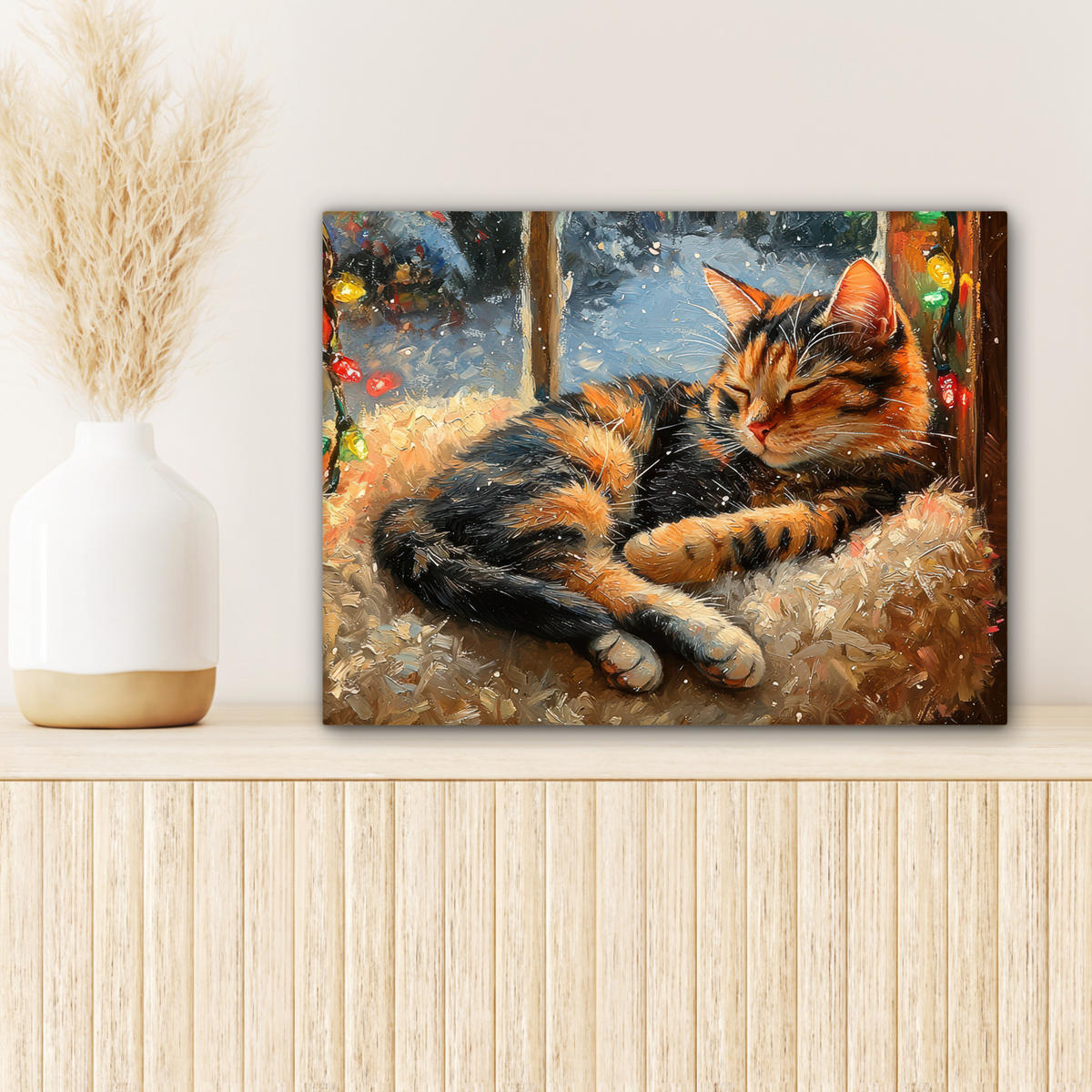 LEINWANDBILD Katze - Weihnachten - Winter - Tier Wandbild 40x30 cm - Bernsteinfarben, Textil (40/30cm) - MuchoWow