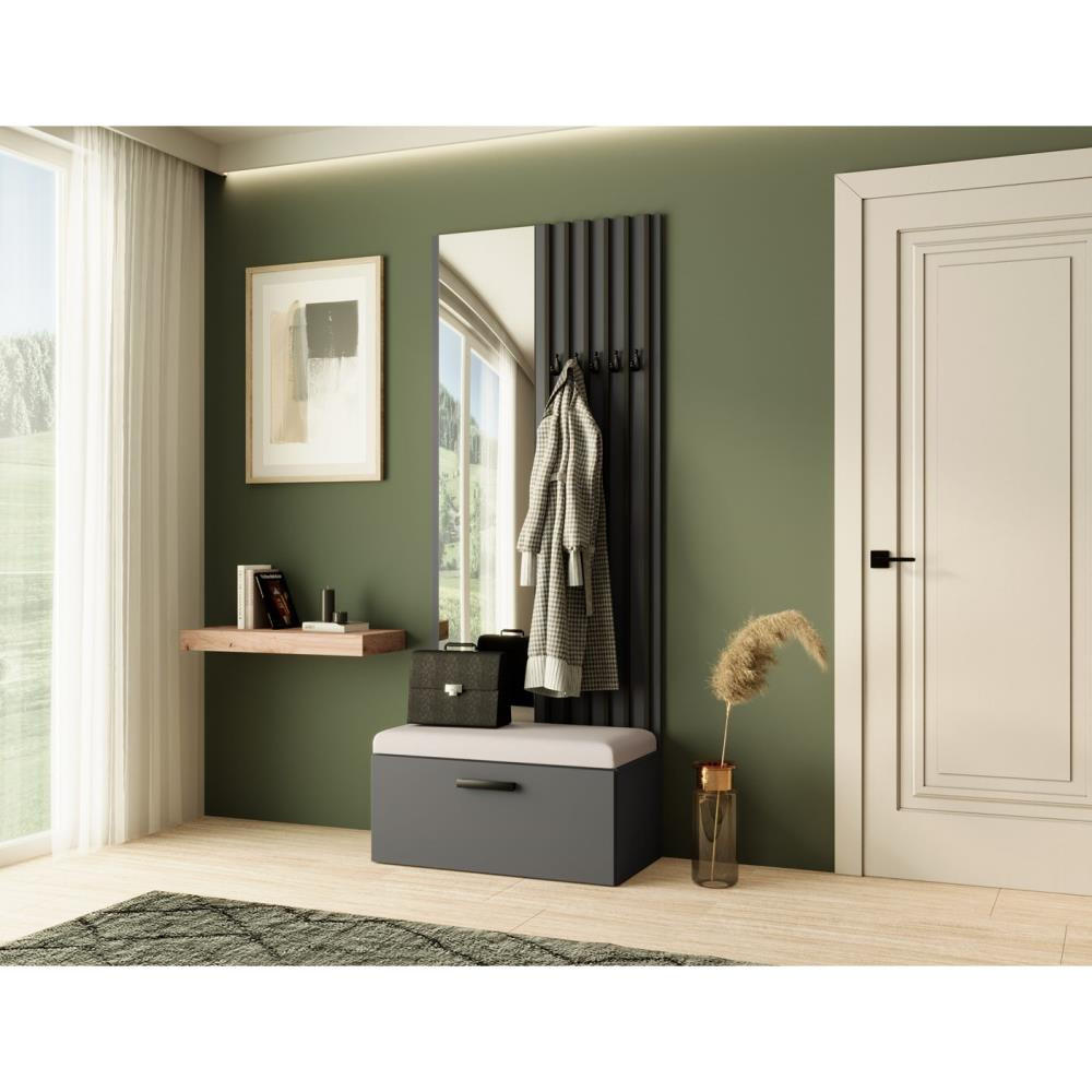 GARDEROBE Margaret II 81/203/43 mit Lamellen und Spiegel - Schwarz/Graphitfarben, Holzwerkstoff/Kunststoff (81/203/43cm) - Beautysofa