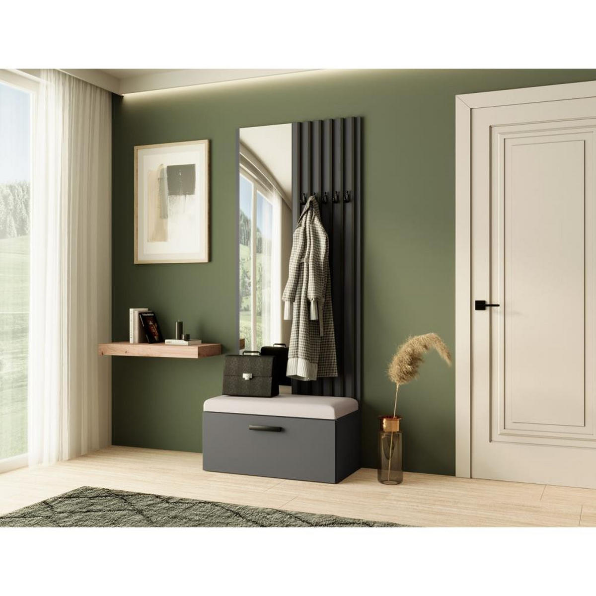 GARDEROBE Margaret II 81/203/43 mit Lamellen und Spiegel - Schwarz/Graphitfarben, Holzwerkstoff/Kunststoff (81/203/43cm) - Beautysofa
