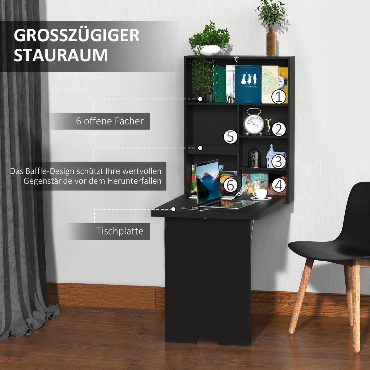 WANDKLAPPTISCH, MDF, Schwarz, 60 x 94,5 x 147 cm - Schwarz, Kunststoff (94.5/147/60cm) - HOMCOM