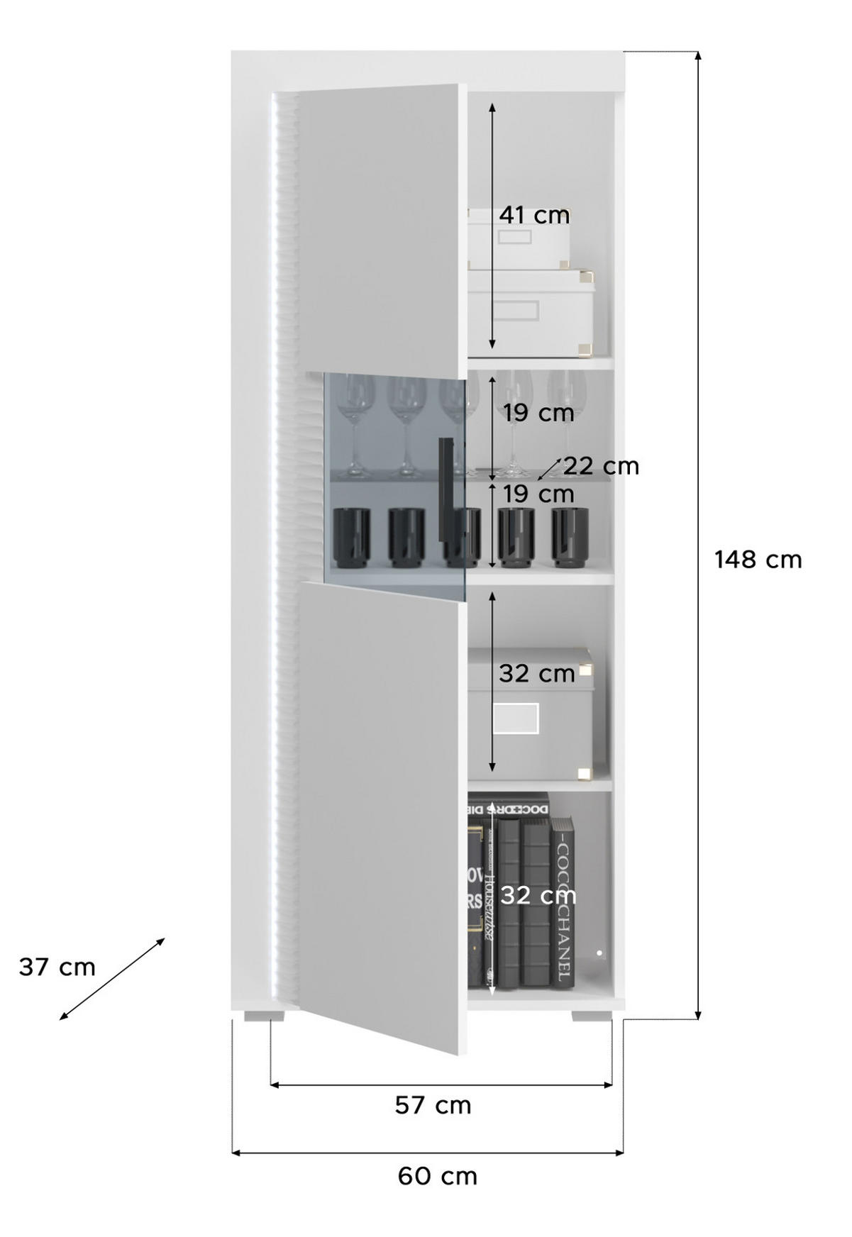 VITRINE weiß Hochglanz 60 x 150 cm, Soft-Close-Funktion, inkl. Beleuchtung - Weiß Hochglanz/Silberfarben, Glas/Holzwerkstoff (60/148/37cm) - Inn.Furn