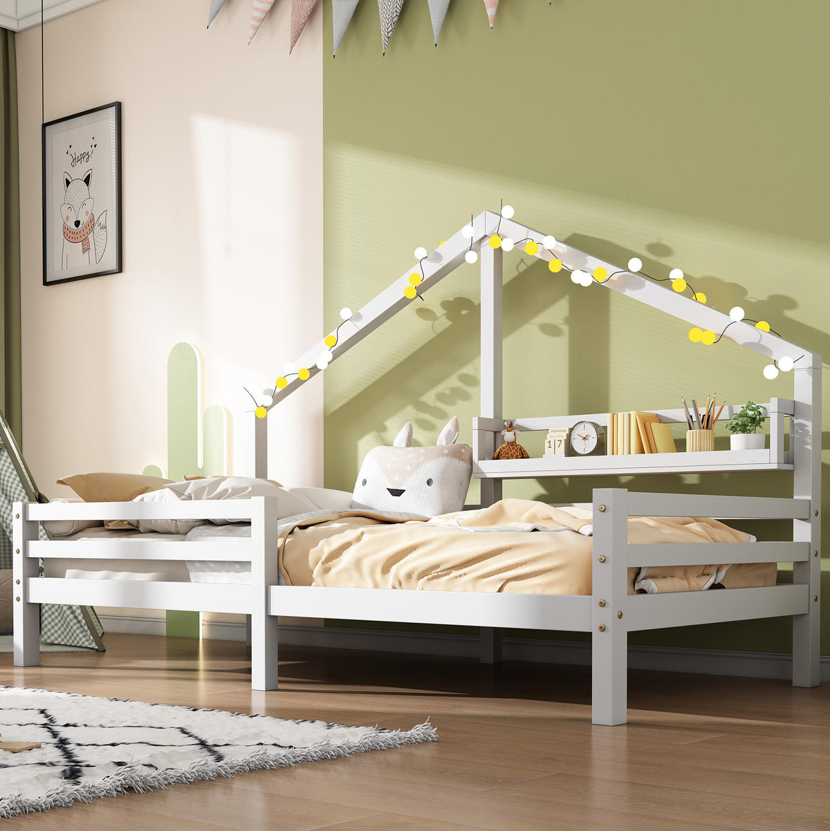 KINDEREINZELBETTEN aus Kiefer 90x200 cm in Weiß mit Ablageregal & Rausfallschutz - Weiß, Holz (90/200cm) - Modfu