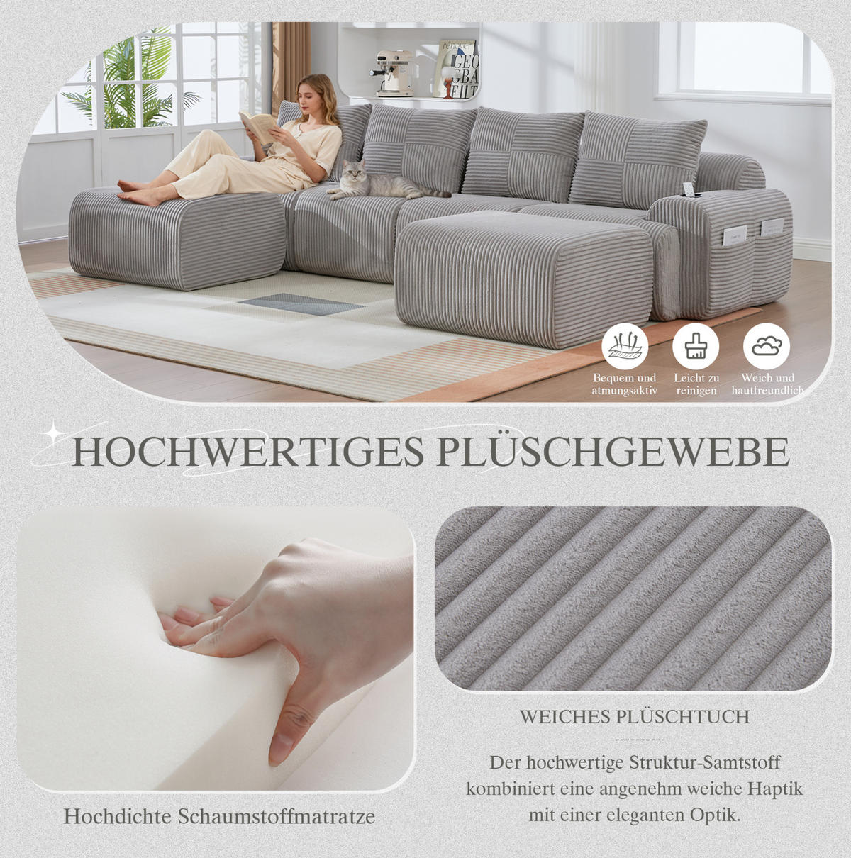 MODULÁRNA Sedacia zostava z menčestru, 333/174/80 cm svetlosivá, 4-miestna s 2 taburetkami - svetlosivá, textil (174/80/333cm) - BEAOK
