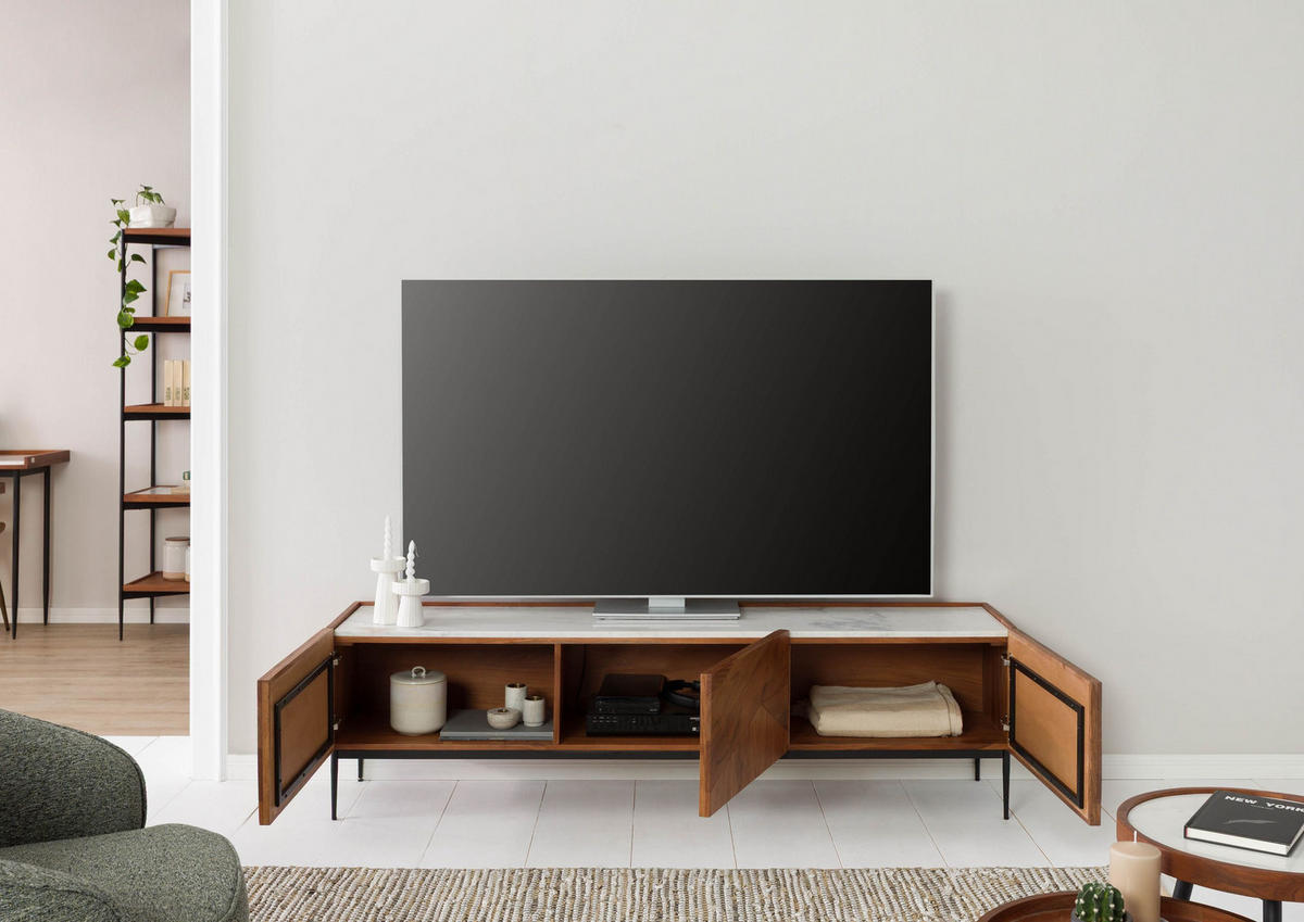 TV-BOARD Akazie 180x40x50 natur lackiert / Marmor weiß KARLSTAD #05 - Naturfarben, Holz (40/50/180cm) - Massivmoebel24