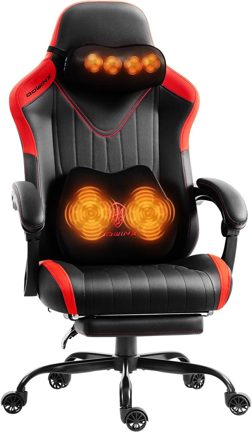 GAMING Stuhl mit Massagefunktion & Lendenwirbelstütze & Nackenstütze - Rot, Leder (56/123/70cm)
