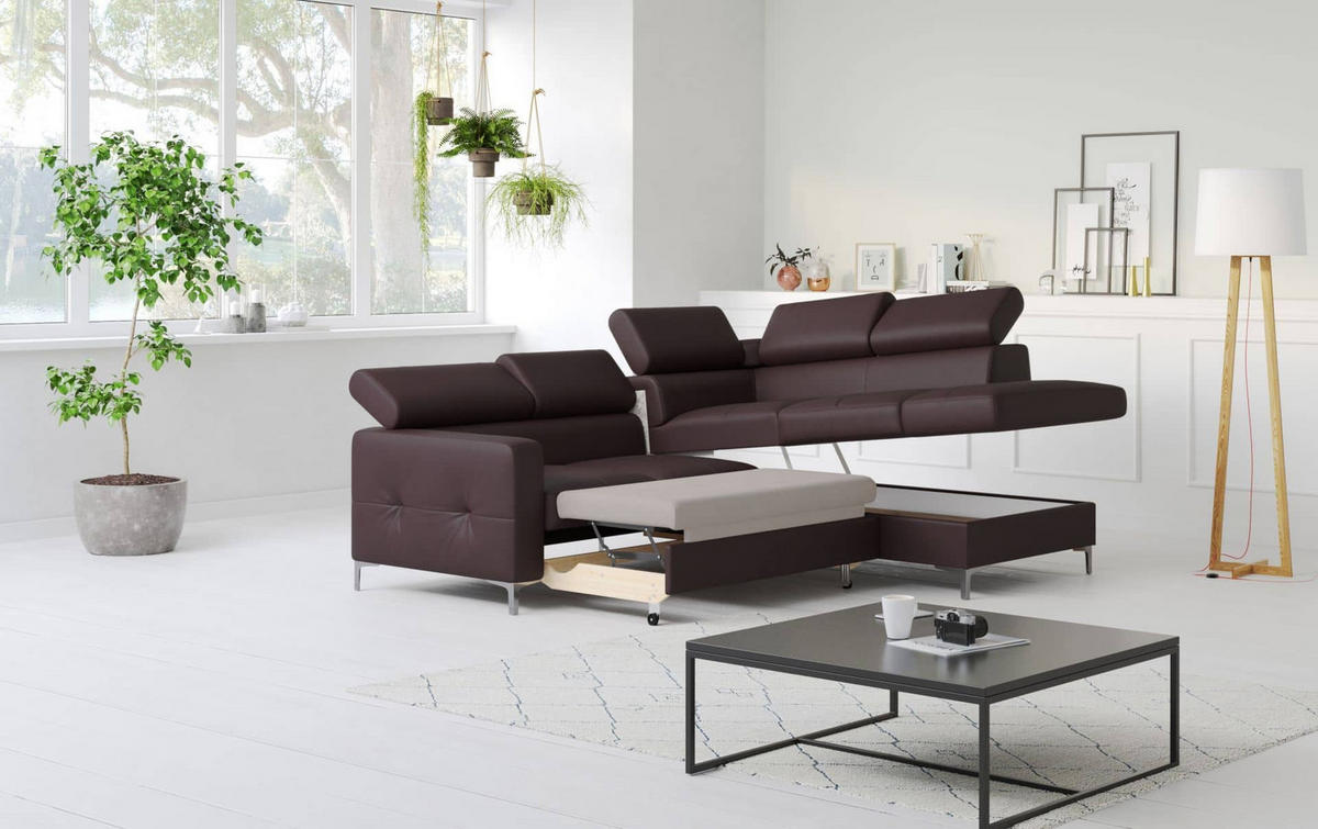 ECKSCHLAFSOFA aus Echtleder mit Schlaffunktion und Bettkasten - Chromfarben/Dunkelbraun, Leder/Holz (207/242cm) - Cotta