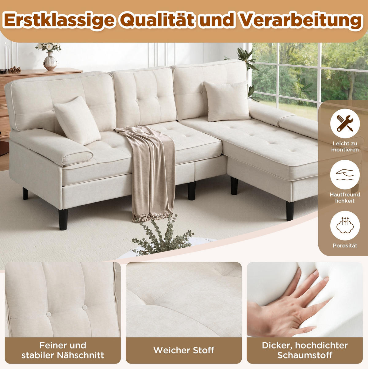 ECKSOFA 195/149/86 cm hellbeige aus Chenille mit Fußbank - Beige, Textil (149/195cm) - OKWISH