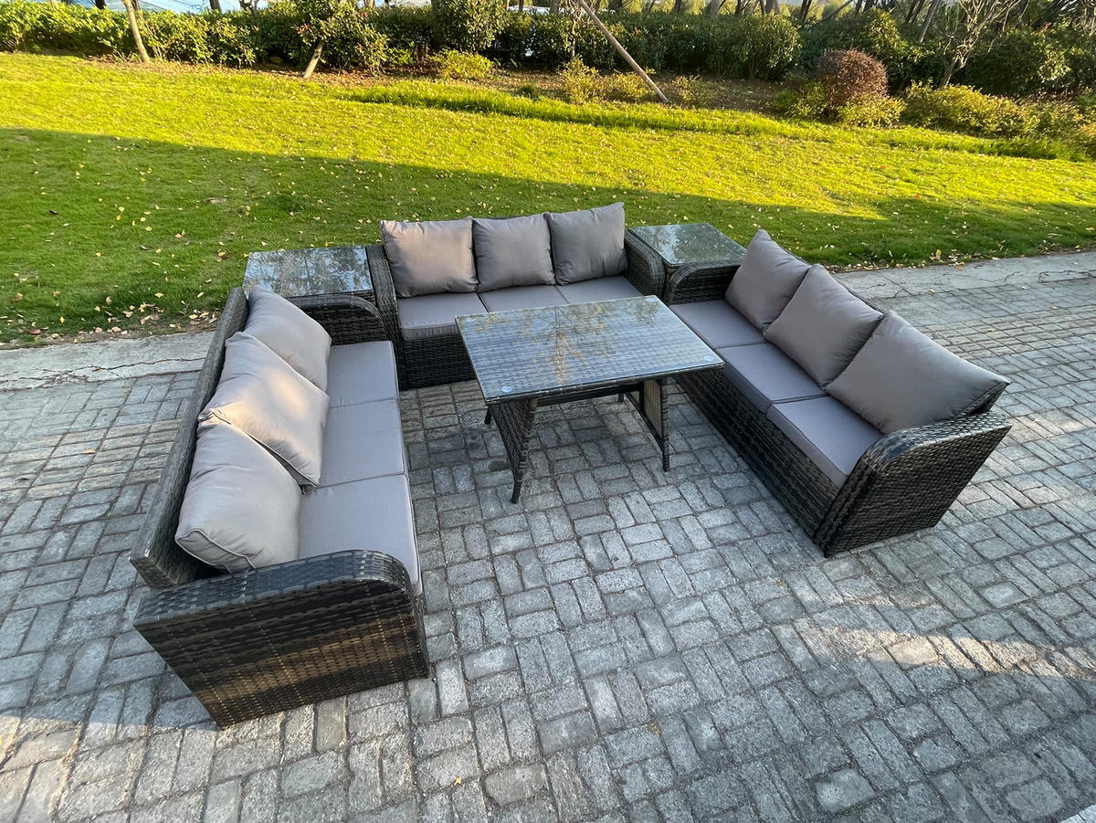 GARTENMÖBELSET mit ESSTISCH, 3-SITZER SOFA Polyrattan 9-Sitzer - Dunkelgrau/Grau, Glas/Kunststoff - Fimous