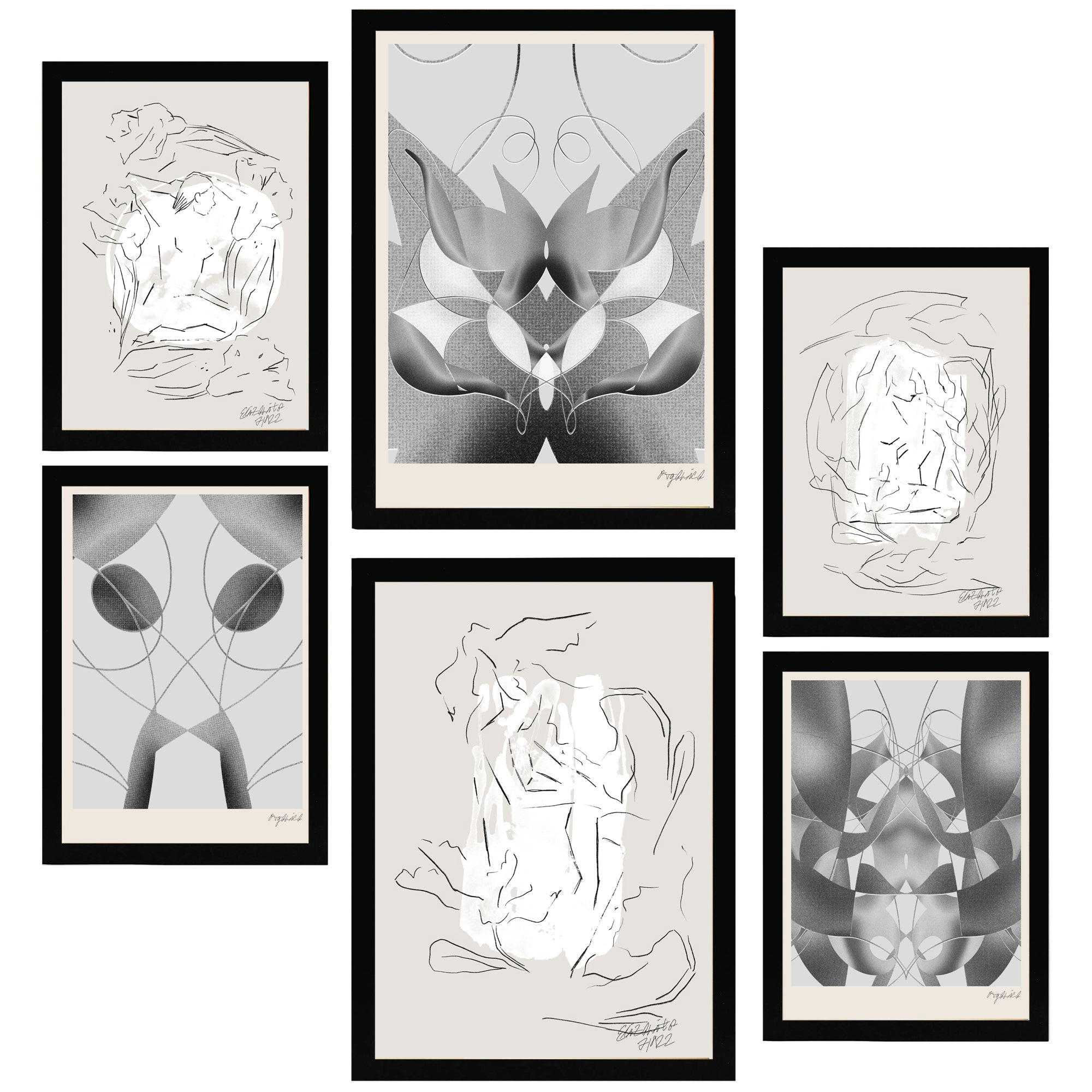 POSTER Set Mit 6 Graue & Schwarze Abstrakte Kunst A3 & A4 Schwarzer Rahmen - Schwarz, Papier (29/3cm) - Nacnic