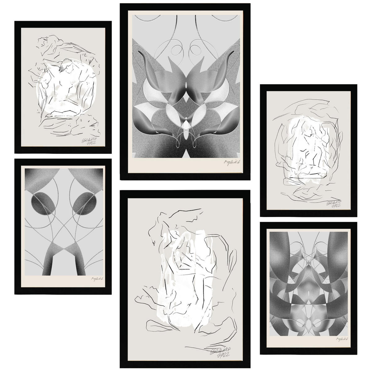 POSTER Set Mit 6 Graue & Schwarze Abstrakte Kunst A3 & A4 Schwarzer Rahmen - Schwarz, Papier (29/3cm) - Nacnic