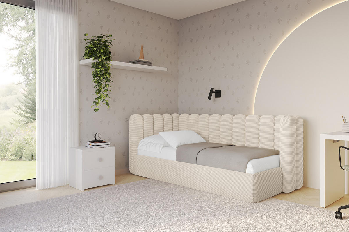 EINZELLBETT Jugendbett mit Bettkasten und Matratze H3/H4, Rechts - HUGY 80x200 Beige - Kaschmir, Holzwerkstoff/Textil (80/200cm) - ALTDECOR