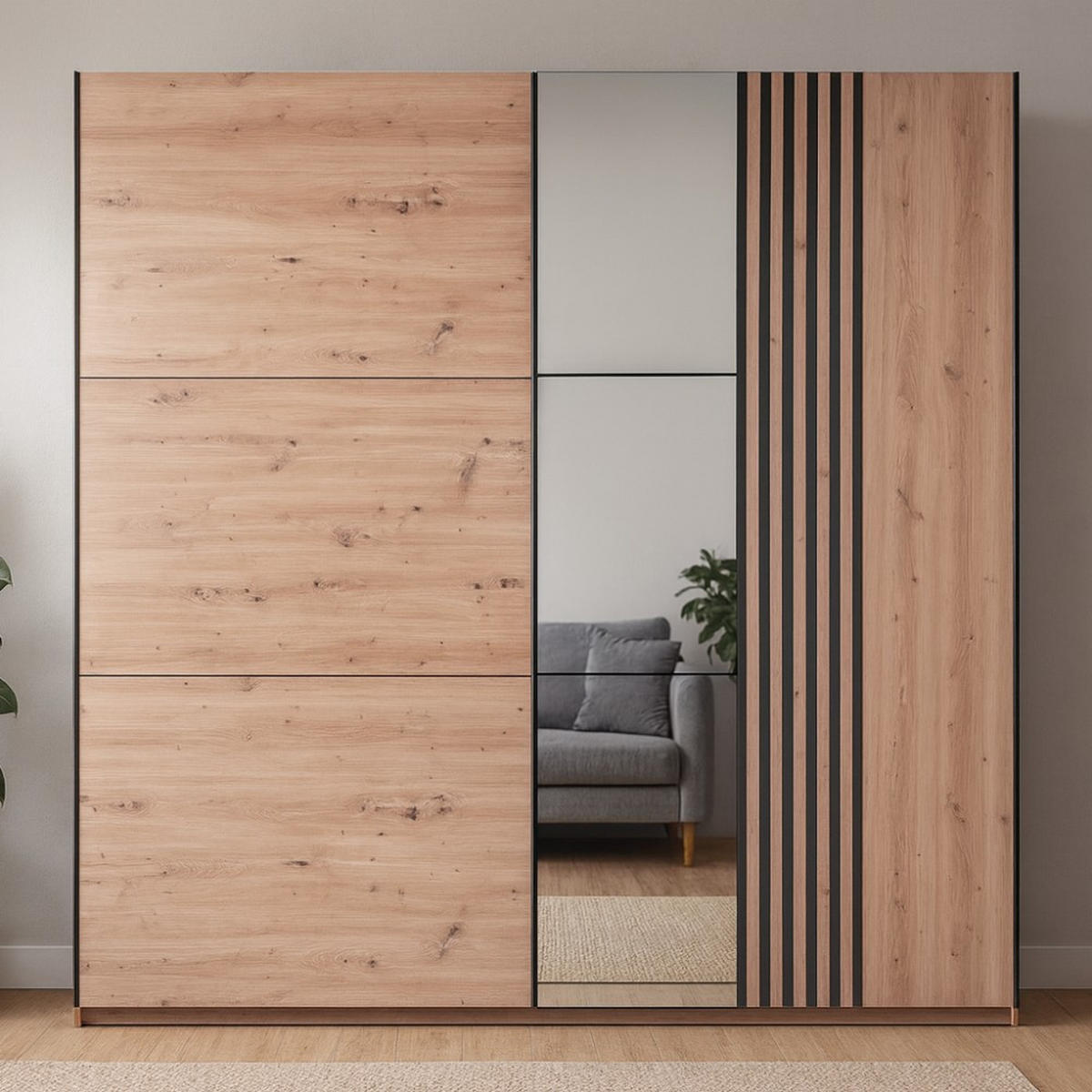 SCHWEBETÜRENSCHRANK Soria mit 2 Türen und Spiegel, 200 cm, eiche Artisan - Eiche Artisan, Holzwerkstoff (203/215/65cm) - Beautysofa