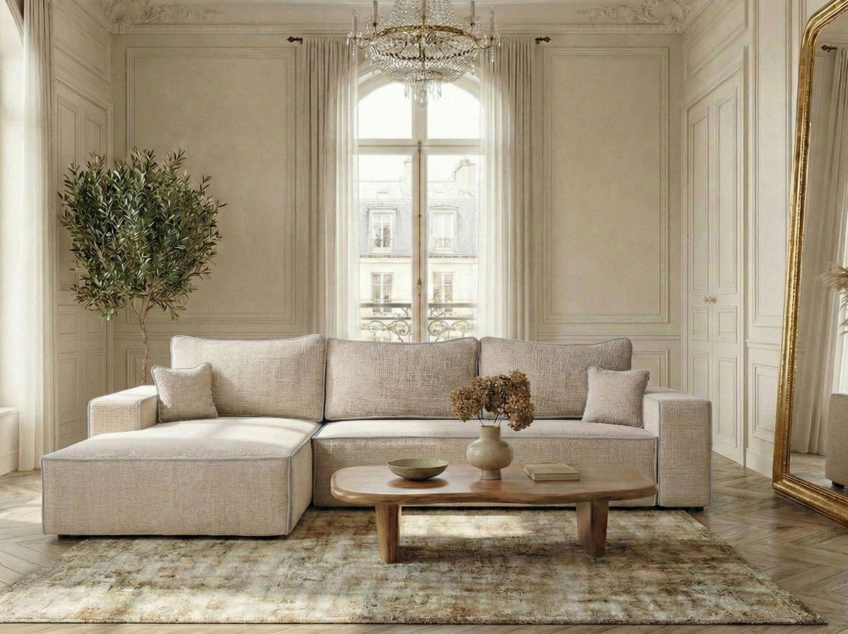 ECKSOFA MIT SCHLAFFUNKTION Modo Creme Chenille-Stoff - Links Seite - Beige/Schwarz, Holz/Holzwerkstoff (185/294cm) - Maison de Reve