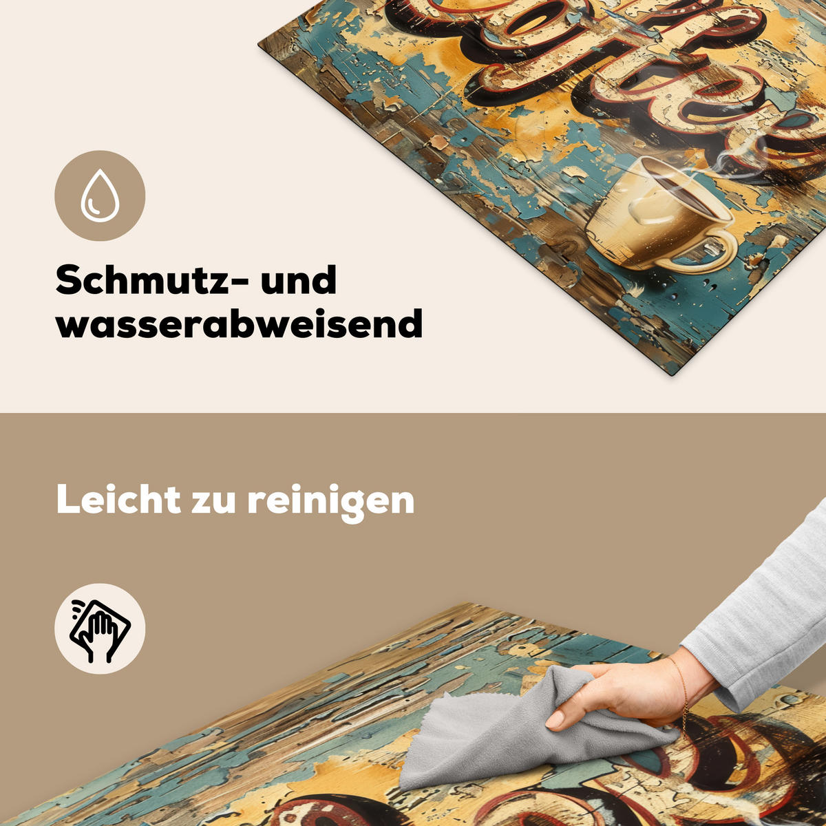 HERDABDECKPLATTE Kaffee - Vintage - Braun - Tasse Induktionsmatte 77x59 cm - Teakfarben, Kunststoff (77/59/0.2cm) - MuchoWow