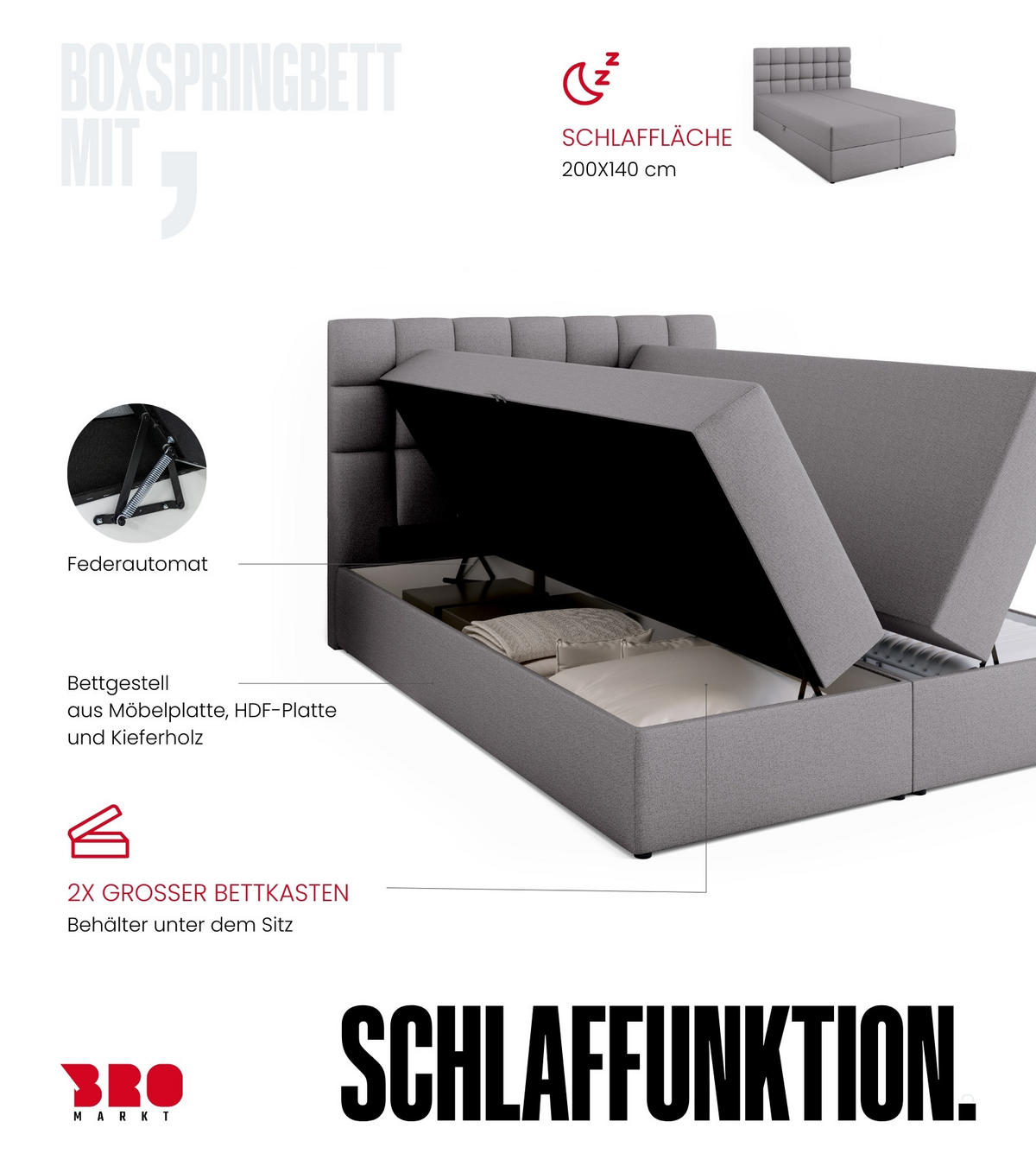 BOXBETT Dakota mit Topper 140/200 Grau - Grau, Textil (140/200cm) - Bromarkt