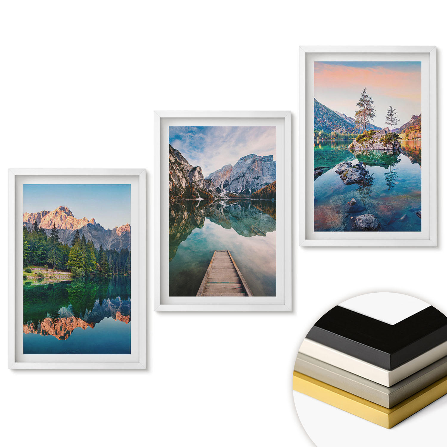 WANDBILDER 3er-Set - 40x60 cm Weißer Rahmen - Spiegelung des Waldes in Bergseen - Weiß, Kunststoff (40/60cm) - ArtPrintCave