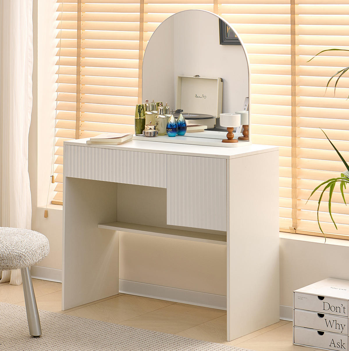 SCHMINKTISCH 90/40/135 cm mit Spiegel, 2 Schubladen und Ablage aus MDF, Weiß - Weiß, Holzwerkstoff (90/135/40cm) - Redom