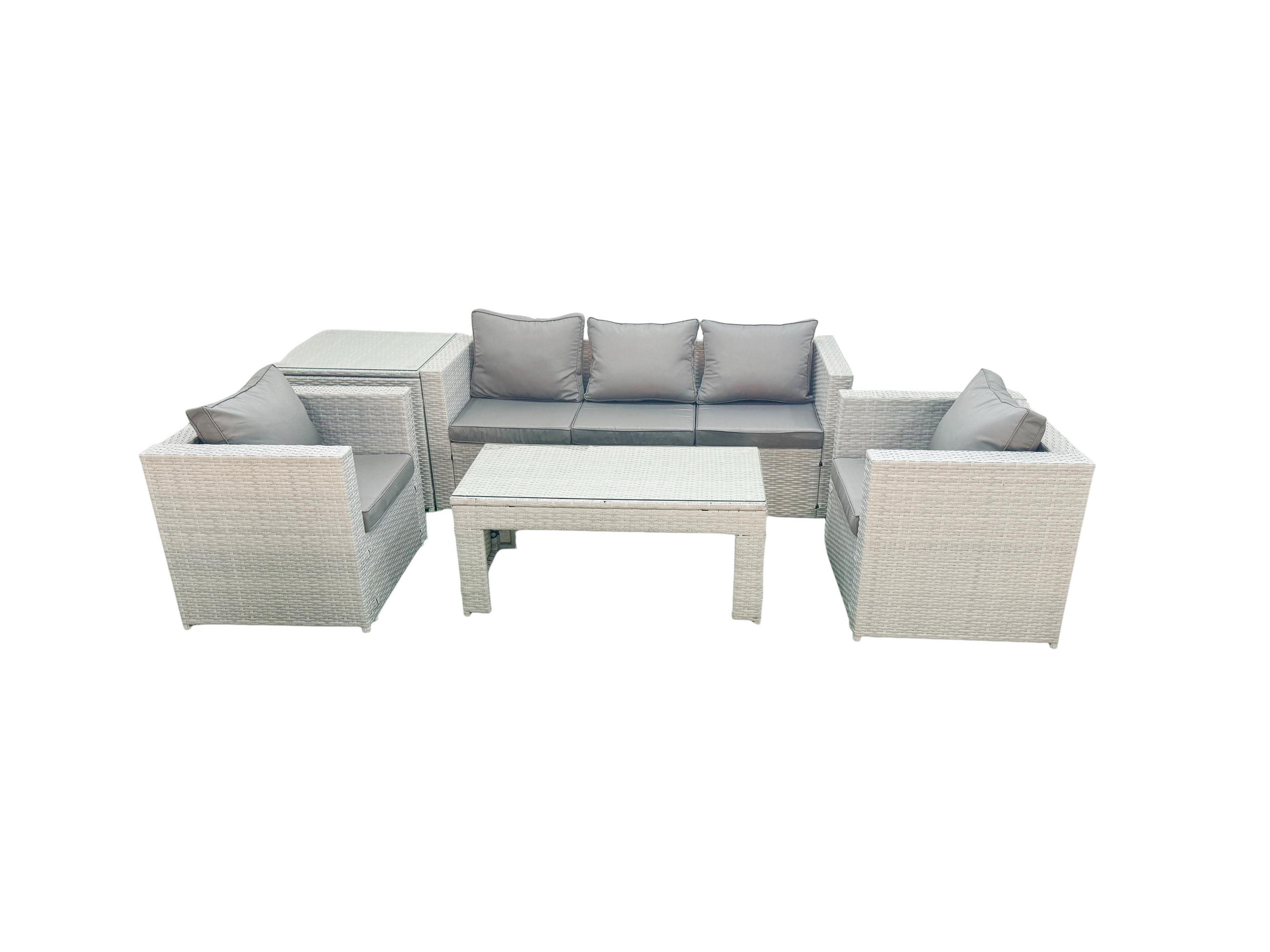 GARTENSET mit 3-SITZER SOFA,COUCHTISCH Polyrattan Hellgrau-Mix 5-Sitzer - Hellgrau/Grau, Glas/Kunststoff - Fimous