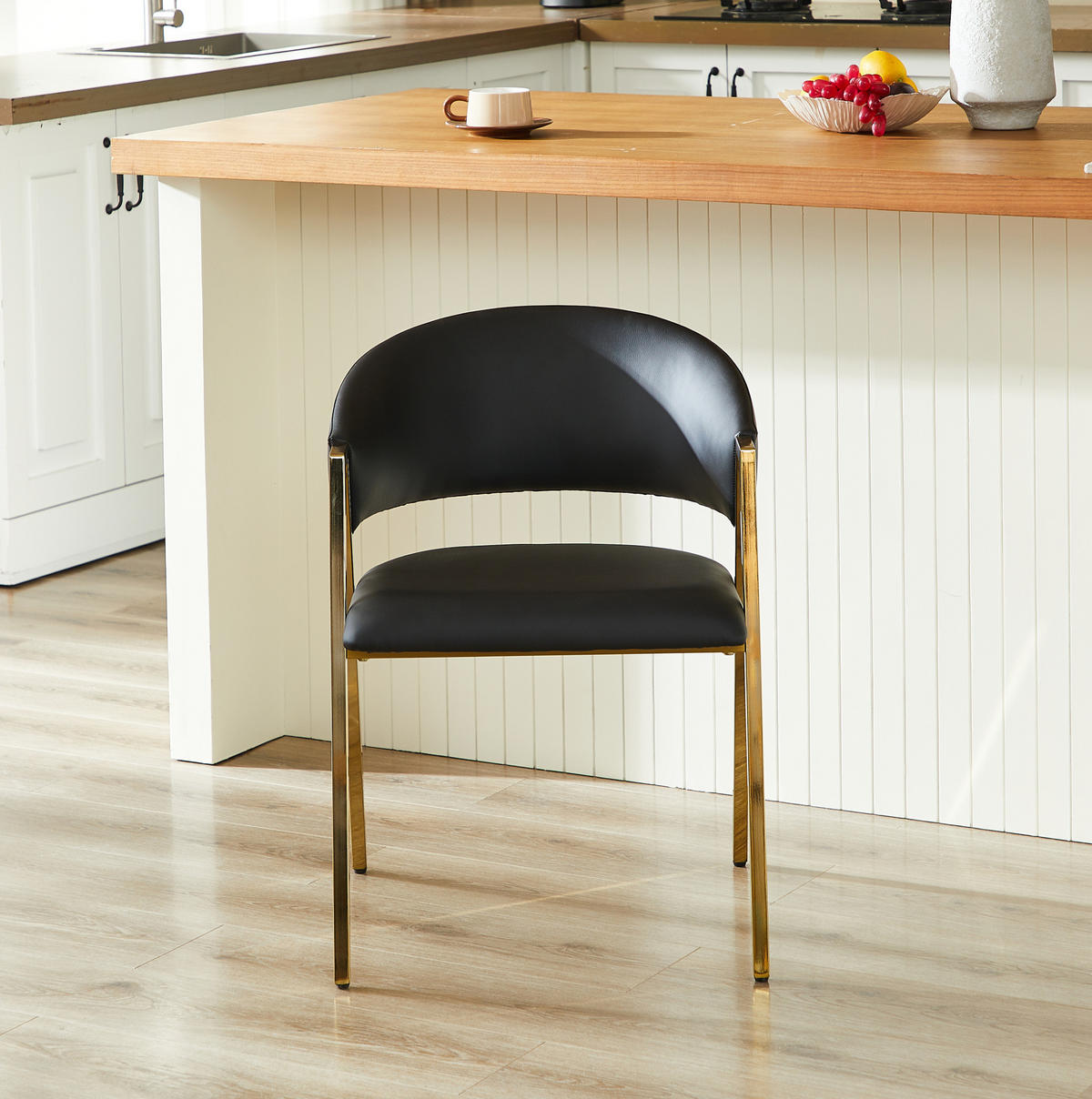 ESSZIMMERSTUHL 2er-Set mit Rückenlehne PU-Leder Schwarz Gold - Schwarz, Metall (56/77/59cm) - Meubliv