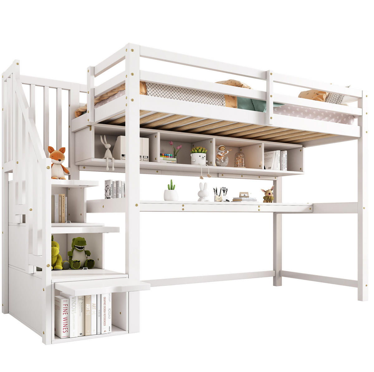 KINDERHOCHBETT aus Massivholz 90x200 cm Weiß mit Stauraumtreppe, Schreibtisch und Regalen - Weiß, Holz (90/200cm) - Modfu