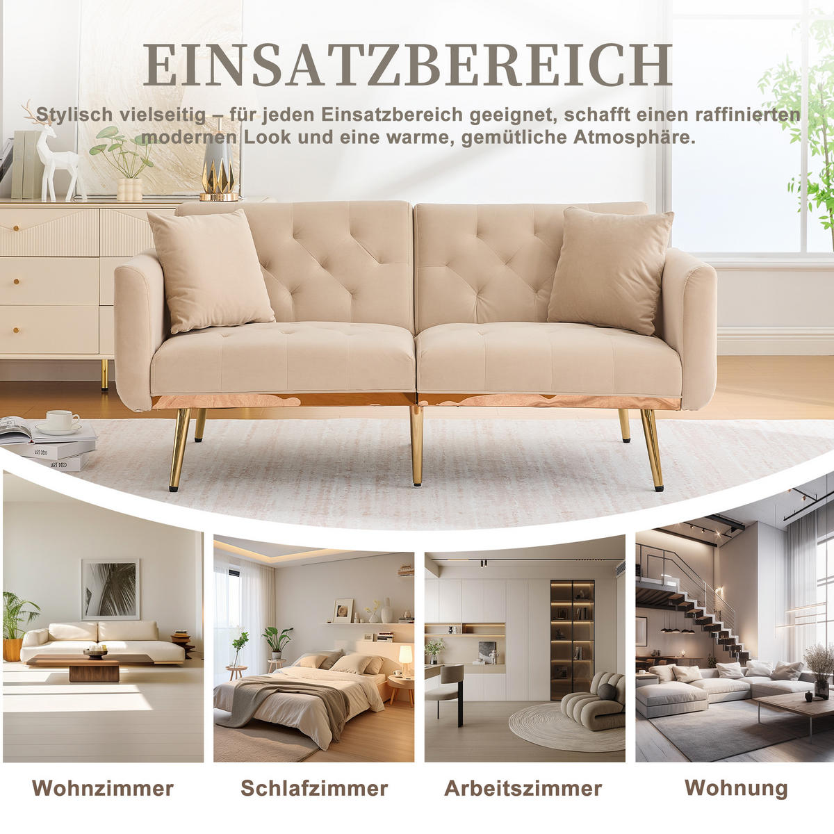 SCHLAFSOFA Samt mit verstellbarer Rückenlehne Beige 165/72,5/75 cm - Beige, Textil (72.5/75/165cm)