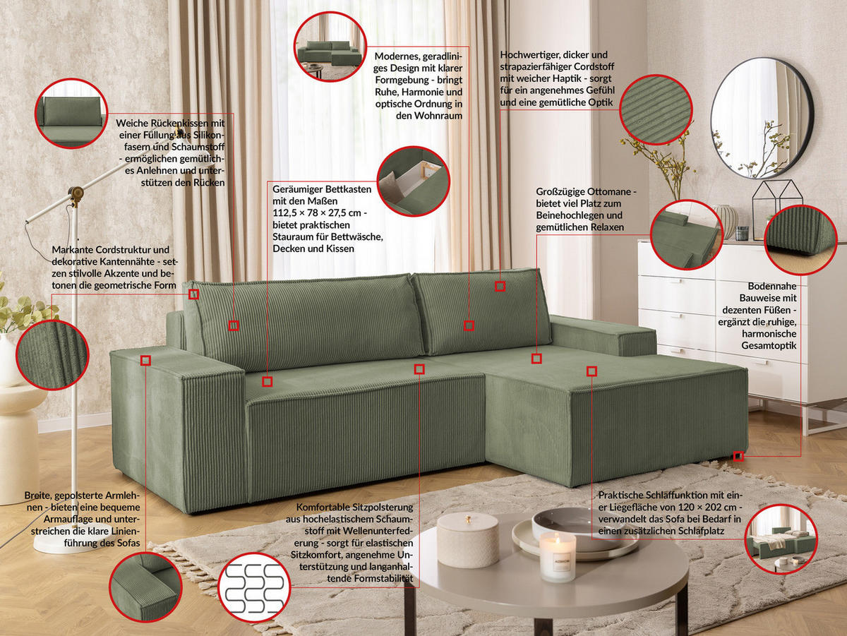 ECKSOFA Rivio mit Schlaffunktion und Bettkasten, Cordstoff Grün - Schwarz/Grün, Holz/Kunststoff (262/149cm) - S-Style