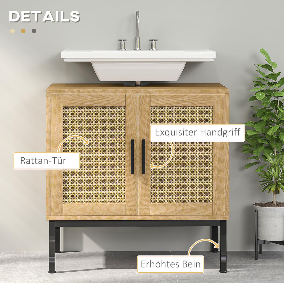 WASCHBECKENUNTERSCHRANK 60x39x60 cm Eiche mit Rattan-Türen & schwarzen Metallbeinen - Eichefarben, Holzwerkstoff (60/60/39cm) - Modfu