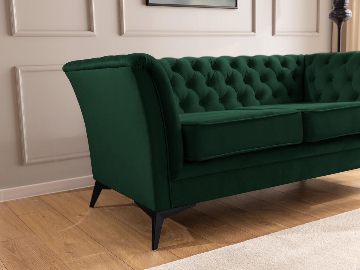 CHESTERFIELD-SOFA 2-sitzer Whitby Flaschengrün Samt mit schwarzen Füßen - Dunkelgrün/Schwarz, Holz/Textil (175/78/82cm) - S-Style Möbel