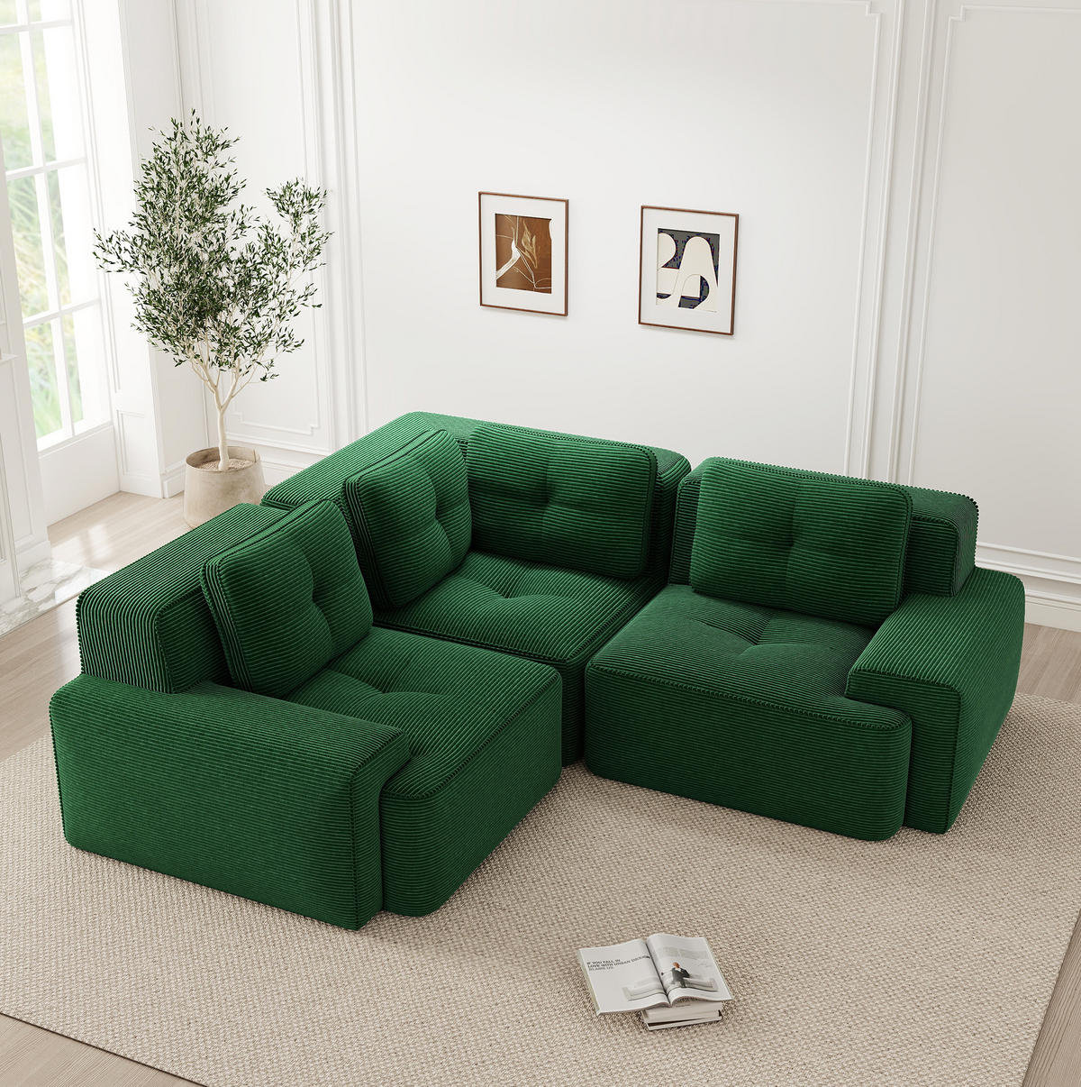 ECKSOFA 206/206/69 cm grün aus Cord mit modularem Design und rutschfestem Standfuß - Grün, Textil (206/206cm) - OKWISH